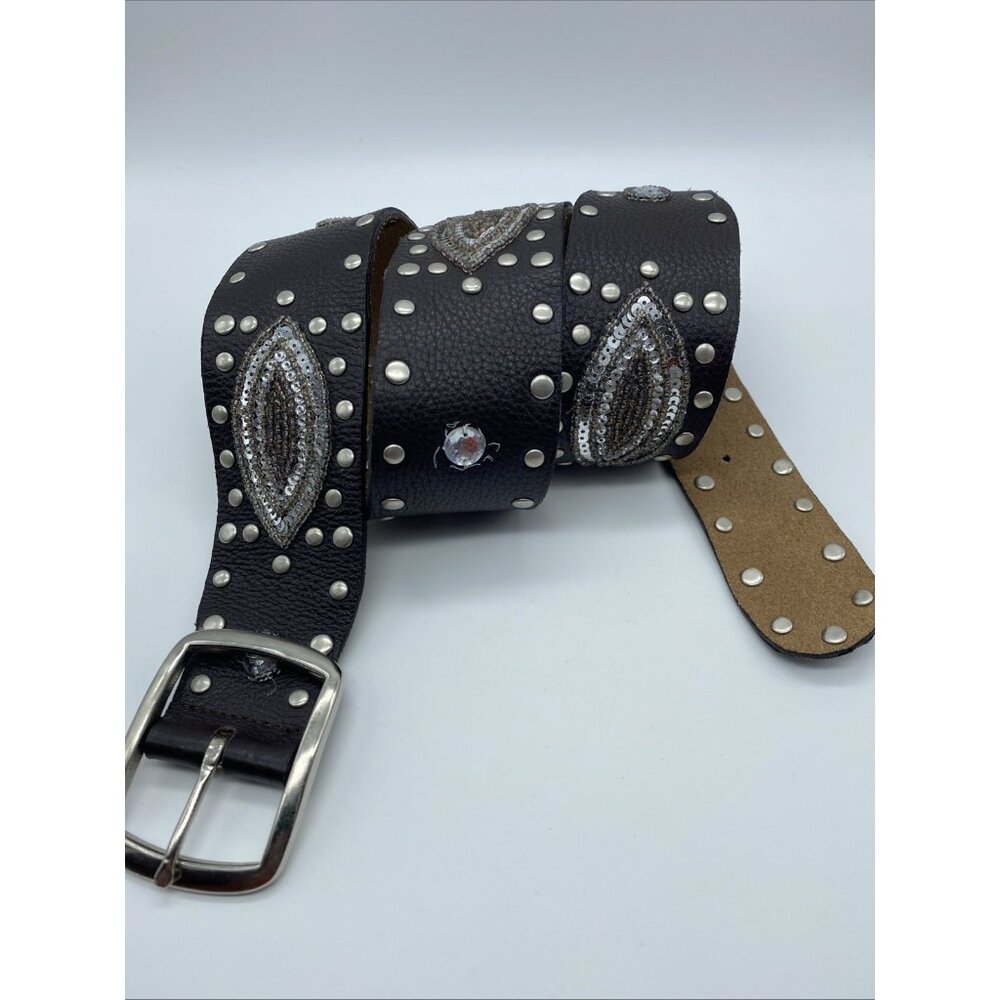 Brown Genuine Leather Belt F 20105 Women's Size M Stones, and Rivets - Picture 3 of 13